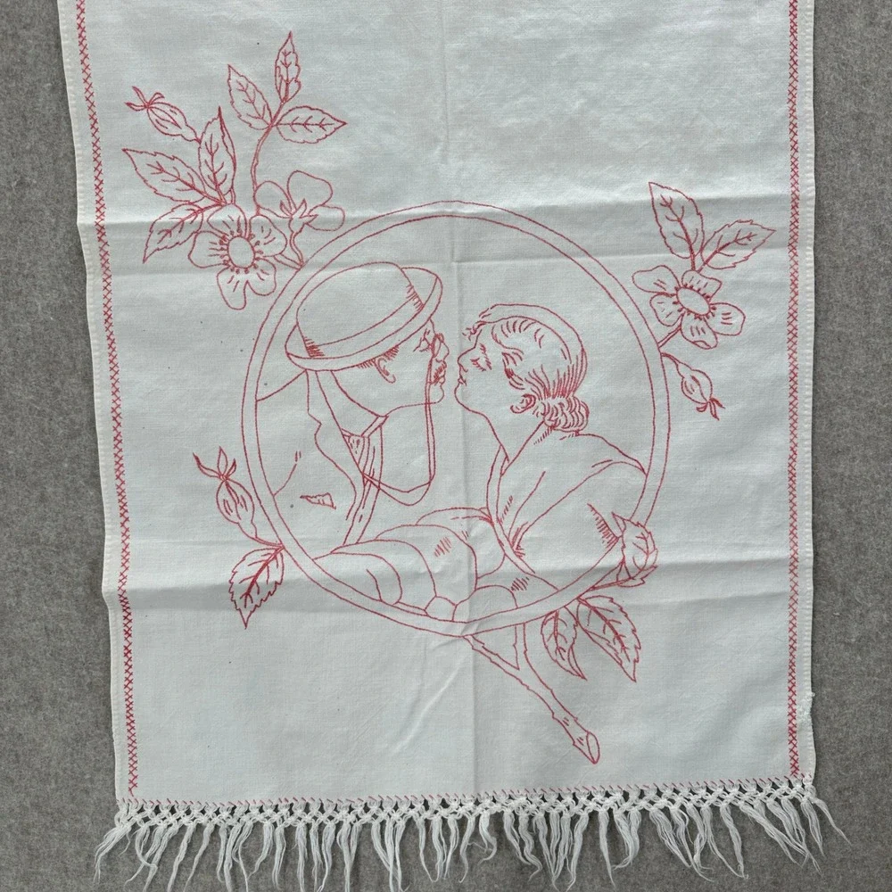 Handmade French Redwork Tea Towel White Red Kissing Couple Floral Fringe